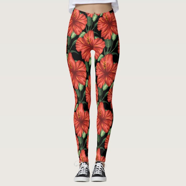Seamless pattern Tropical red flowers green leaves Leggings (Front)