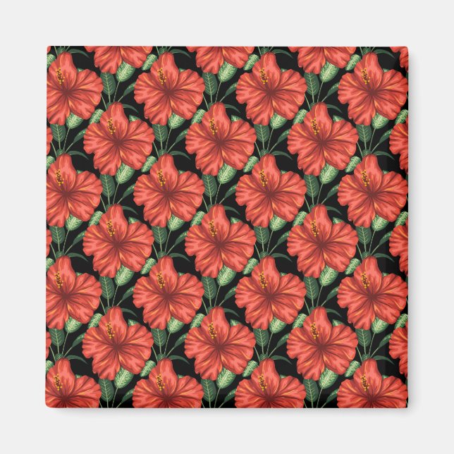 Seamless pattern Tropical red flowers green leaves Magnet (Front)