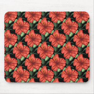 Seamless pattern Tropical red flowers green leaves Mouse Mat