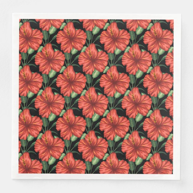 Seamless pattern Tropical red flowers green leaves Napkin (Front)