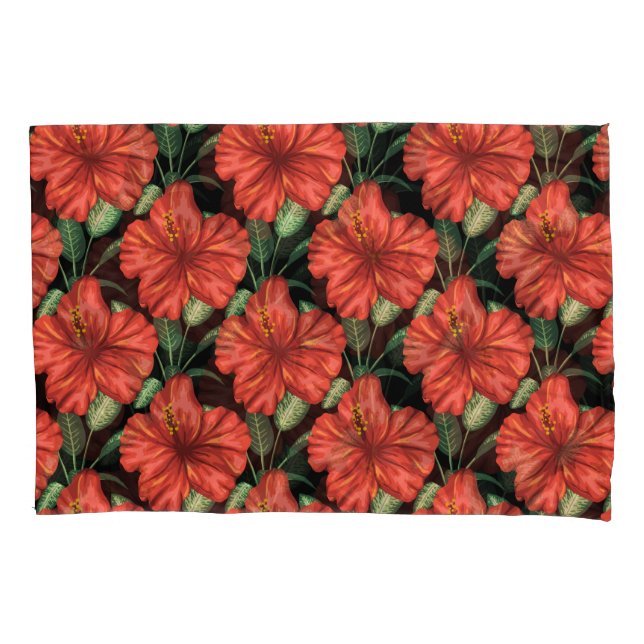 Seamless pattern Tropical red flowers green leaves Pillowcase (Front-Left)