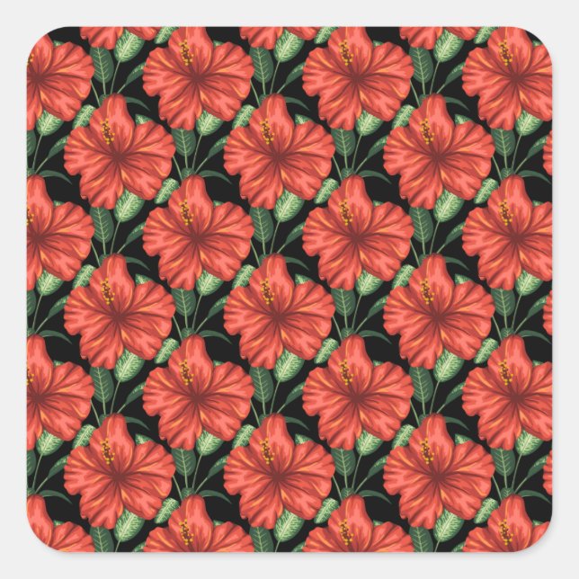Seamless pattern Tropical red flowers green leaves Square Sticker (Front)