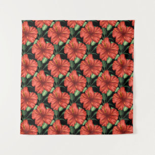 Seamless pattern Tropical red flowers green leaves Tapestry