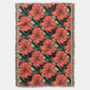 Seamless pattern Tropical red flowers green leaves Throw Blanket