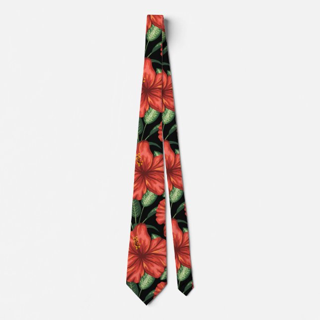 Seamless pattern Tropical red flowers green leaves Tie (Front)