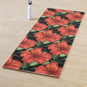 Seamless pattern Tropical red flowers green leaves Yoga Mat