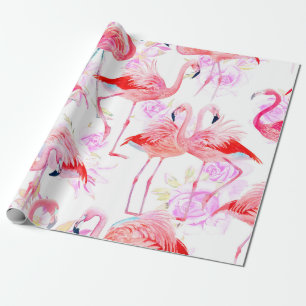 Seamless pattern watercolor roses with pink flamin wrapping paper
