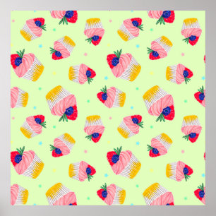 Seamless pattern with a cupcake with strawberries poster