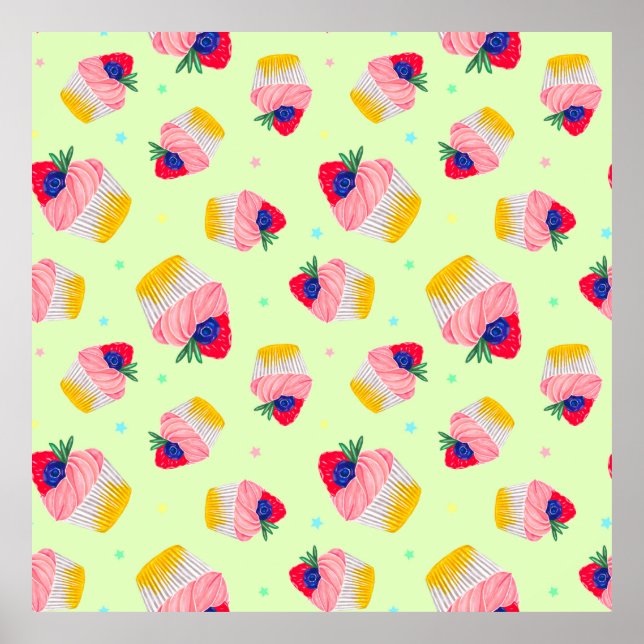 Seamless pattern with a cupcake with strawberries  poster (Front)