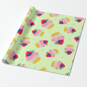 Seamless pattern with a cupcake with strawberries wrapping paper