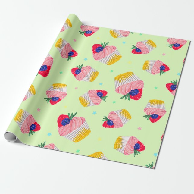 Seamless pattern with a cupcake with strawberries  wrapping paper (Unrolled)