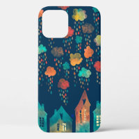 Seamless pattern with a town under the rainy cloud