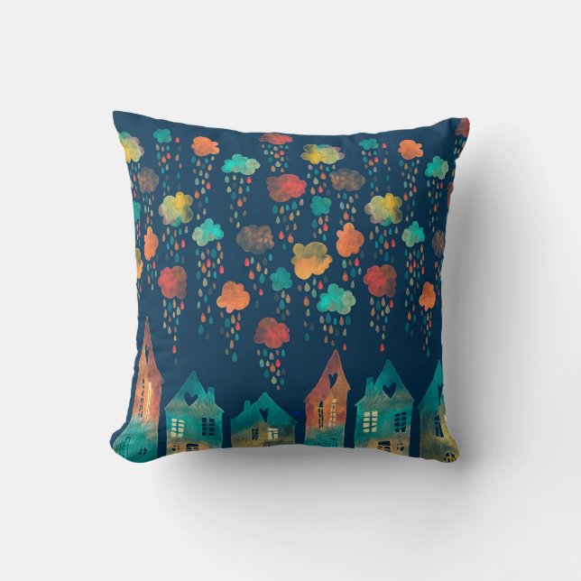 Seamless pattern with a town under the rainy cloud cushion (Front)