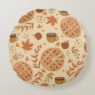 Seamless pattern with apple pie, apples and mugs. round cushion