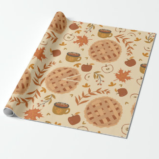 Seamless pattern with apple pie, apples and mugs.  wrapping paper