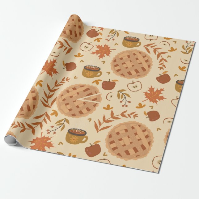 Seamless pattern with apple pie, apples and mugs.  wrapping paper (Unrolled)