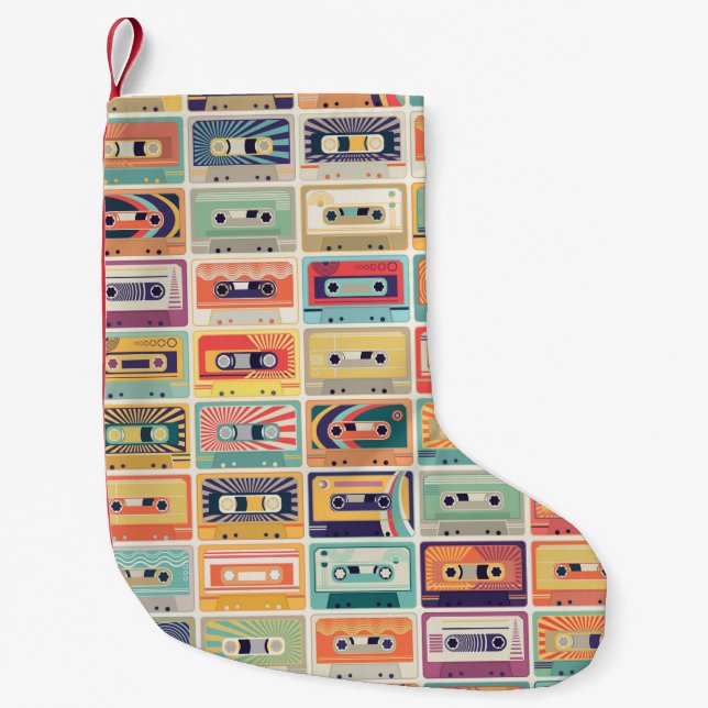 Seamless pattern with audio cassette tapes in a re small christmas stocking (Front)