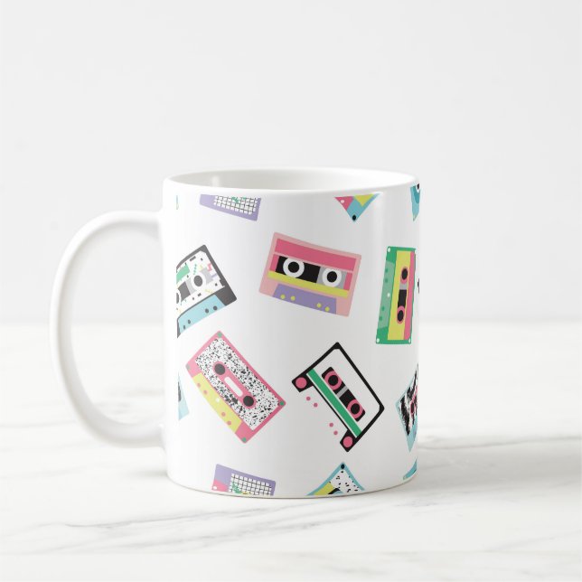 Seamless pattern with audio tapes in retro 80s sty coffee mug (Left)