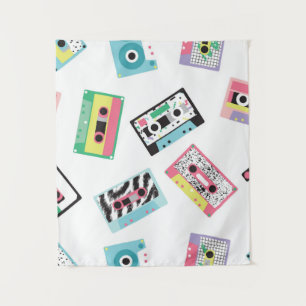 Seamless pattern with audio tapes in retro 80s sty tapestry
