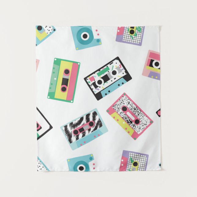 Seamless pattern with audio tapes in retro 80s sty tapestry (Front)