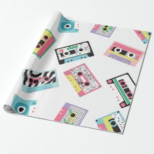 Seamless pattern with audio tapes in retro 80s sty wrapping paper