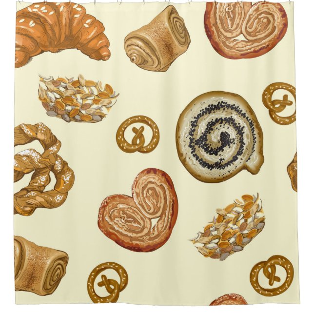Seamless pattern with bakery product shower curtain (Front)