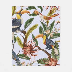 Seamless pattern with birds and tropical leaves an fleece blanket