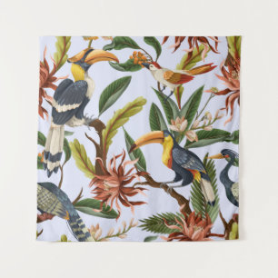 Seamless pattern with birds and tropical leaves an tapestry