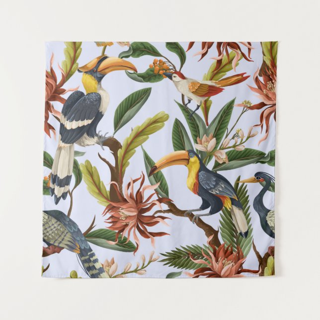 Seamless pattern with birds and tropical leaves an tapestry (Front)