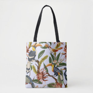 Seamless pattern with birds and tropical leaves an tote bag