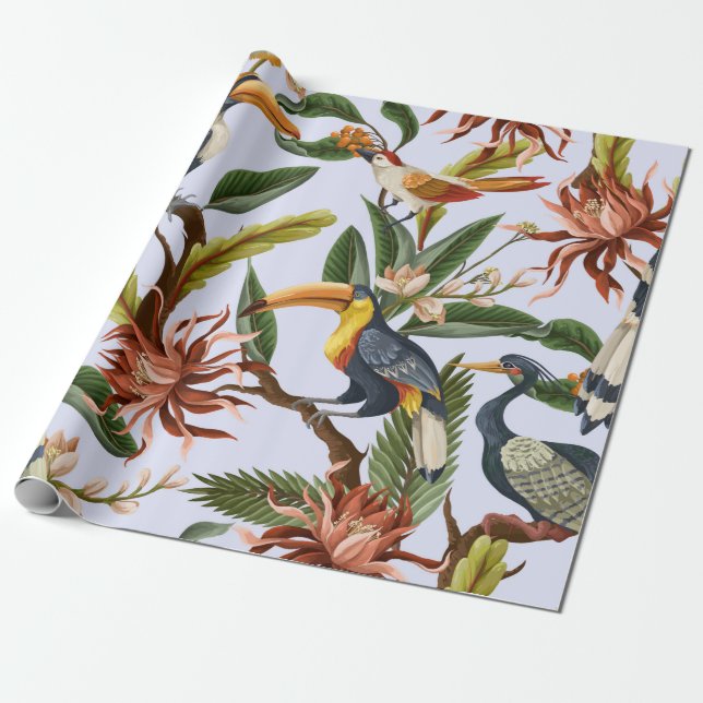 Seamless pattern with birds and tropical leaves an wrapping paper (Unrolled)