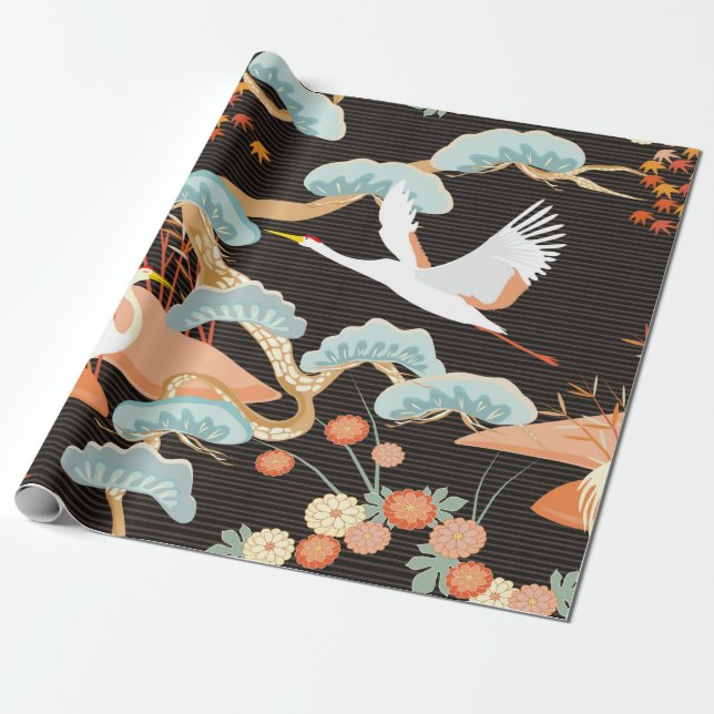 Seamless pattern with birds. Crane. Heron. Japanes Wrapping Paper (Unrolled)