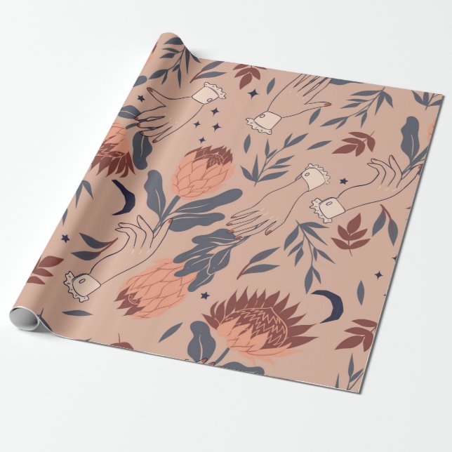Seamless pattern with birds, protea flowers and ha wrapping paper (Unrolled)