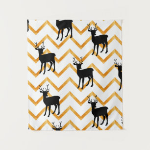 Seamless pattern with black deer and gold texture tapestry