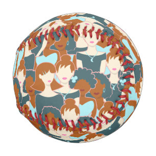 Seamless pattern with black girls and white girls baseball