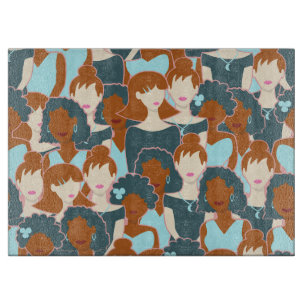 Seamless pattern with black girls and white girls cutting board