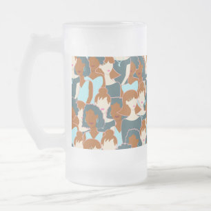 Seamless pattern with black girls and white girls frosted glass beer mug