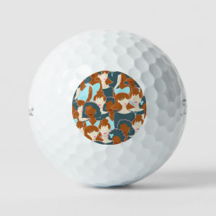 Seamless pattern with black girls and white girls golf balls
