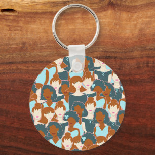 Seamless pattern with black girls and white girls key ring