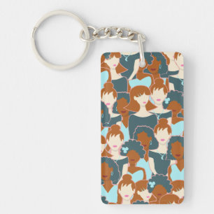Seamless pattern with black girls and white girls key ring