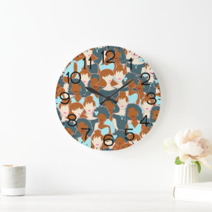 Seamless pattern with black girls and white girls large clock