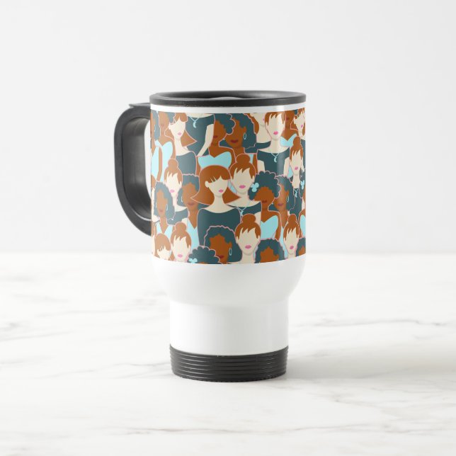 Seamless pattern with black girls and white girls travel mug (Front Left)