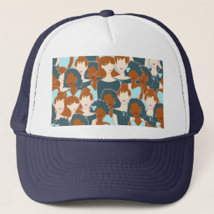 Seamless pattern with black girls and white girls trucker hat