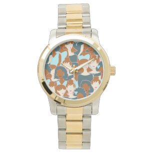 Seamless pattern with black girls and white girls watch
