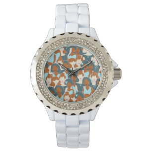 Seamless pattern with black girls and white girls watch