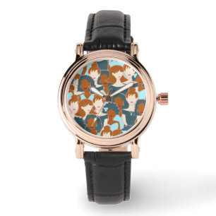 Seamless pattern with black girls and white girls watch
