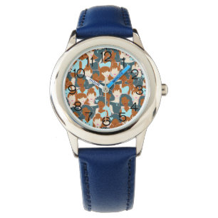 Seamless pattern with black girls and white girls watch