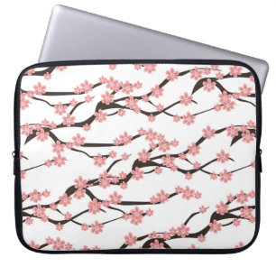Seamless pattern with blooming cherry on a white b laptop sleeve