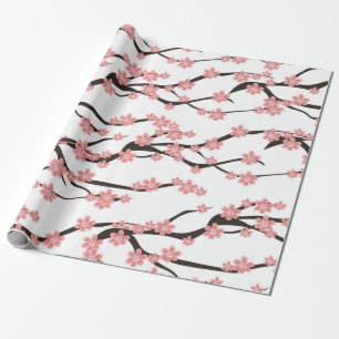 Seamless pattern with blooming cherry on a white b wrapping paper