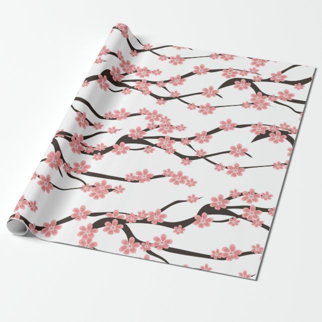 Seamless pattern with blooming cherry on a white b wrapping paper (Unrolled)